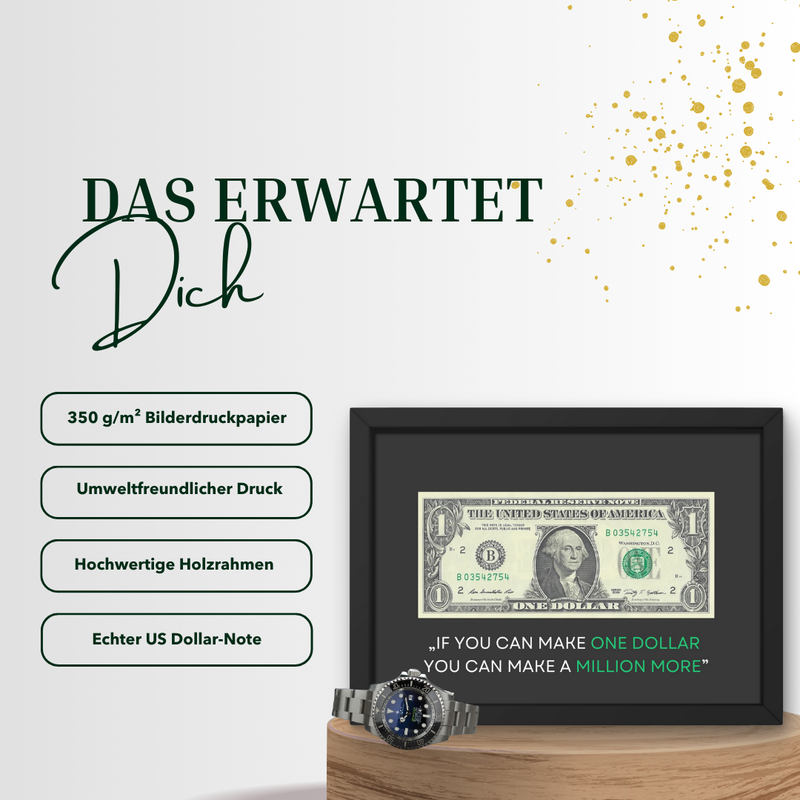 Motivations-Wandbild mit echtem US-Dollar – „If you can make one dollar, you can make a million more“ – Geschenk für Unternehmer und Investoren