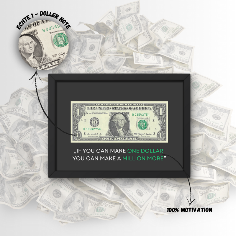 Motivations-Wandbild mit echtem US-Dollar – „If you can make one dollar, you can make a million more“ – Geschenk für Unternehmer und Investoren