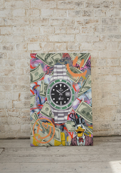  Ein motivierendes Bild, das dich dazu inspiriert, dein Leben auf die nächste Stufe zu heben! Die zeitlose Eleganz einer Rolex und die grenzenlose Ambition von Dagobert Duck vereinen sich in diesem angesagten Graffiti-Style Kunstwerk. Es verkörpert die Botschaft, dass Erfolg und Wohlstand erreichbar sind, wenn du hartnäckig für deine Träume eintrittst. Die Rolex symbolisiert Zeitlosigkeit und Qualität, während Dagobert Duck für unermüdlichen Ehrgeiz und Erfolg steht. 