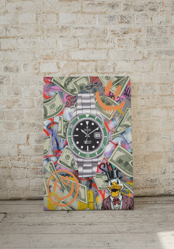  Ein motivierendes Bild, das dich dazu inspiriert, dein Leben auf die nächste Stufe zu heben! Die zeitlose Eleganz einer Rolex und die grenzenlose Ambition von Dagobert Duck vereinen sich in diesem angesagten Graffiti-Style Kunstwerk. Es verkörpert die Botschaft, dass Erfolg und Wohlstand erreichbar sind, wenn du hartnäckig für deine Träume eintrittst. Die Rolex symbolisiert Zeitlosigkeit und Qualität, während Dagobert Duck für unermüdlichen Ehrgeiz und Erfolg steht. 