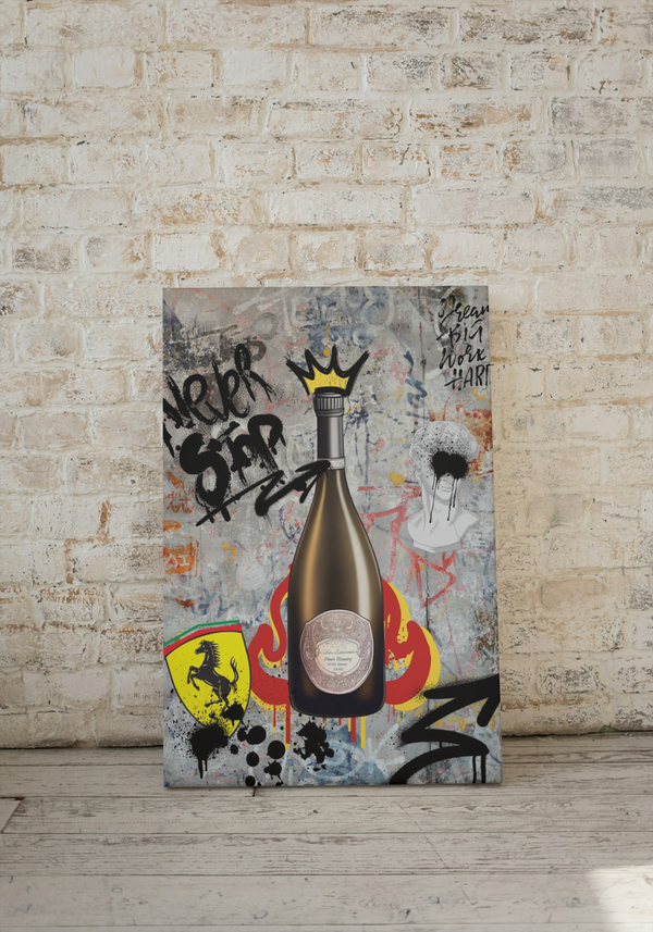 Ein luxuriöses Bild, das deine Exzellenz feiert! Eine Flasche Dom Perignon neben dem ikonischen Ferrari Logo, umgeben von Michelangelos David in Graffiti-Art. Dieses Kunstwerk verkörpert Erfolg und Hingabe, erinnert dich daran, stets nach Spitzenleistungen zu streben und deine Ziele mit unermüdlicher Entschlossenheit zu verfolgen. Es ist eine tägliche Erinnerung an deine innere Stärke und Ambition.