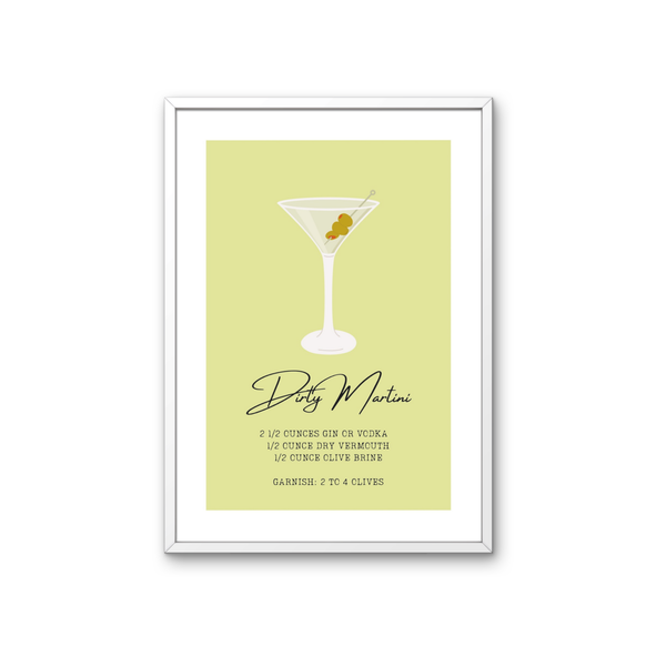 Dirty Martini Poster – Cocktail Rezept Print auf 350 g/m² Bilderdruckpapier – Umweltfreundlicher Druck, Hochwertiger Holzrahmen – Moderne Bar- und Küchen-Deko, Geschenk für Martini-Liebhaber