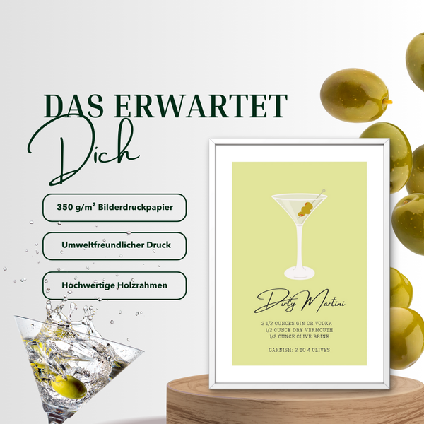Dirty Martini Poster – Cocktail Rezept Print auf 350 g/m² Bilderdruckpapier – Umweltfreundlicher Druck, Hochwertiger Holzrahmen – Moderne Bar- und Küchen-Deko, Geschenk für Martini-Liebhaber