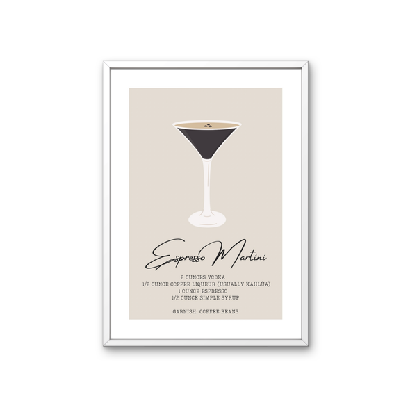 Espresso Martini Poster – Cocktail Rezept Print auf 350 g/m² Bilderdruckpapier – Umweltfreundlicher Druck, Hochwertiger Holzrahmen – Moderne Küchen- und Bar-Deko, Geschenk für Kaffeeliebhaber