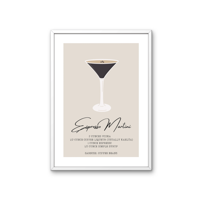 Espresso Martini Poster – Cocktail Rezept Print auf 350 g/m² Bilderdruckpapier – Umweltfreundlicher Druck, Hochwertiger Holzrahmen – Moderne Küchen- und Bar-Deko, Geschenk für Kaffeeliebhaber