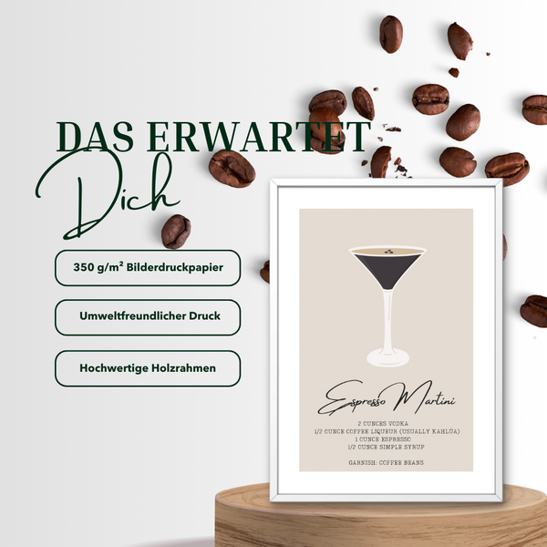 Espresso Martini Poster – Cocktail Rezept Print auf 350 g/m² Bilderdruckpapier – Umweltfreundlicher Druck, Hochwertiger Holzrahmen – Moderne Küchen- und Bar-Deko, Geschenk für Kaffeeliebhaber