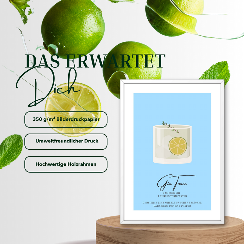 Gin Tonic Poster – Cocktail Rezept Print auf 350 g/m² Bilderdruckpapier – Umweltfreundlicher Druck, Hochwertiger Holzrahmen – Moderne Bar- und Küchen-Deko, Geschenk für Gin-Liebhaber