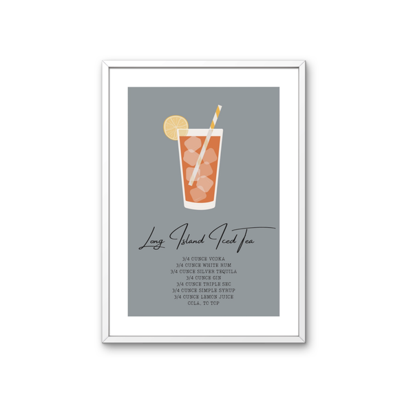 Long Island Iced Tea Poster – Cocktail Rezept Print auf 350 g/m² Bilderdruckpapier – Umweltfreundlicher Druck, Hochwertiger Holzrahmen – Moderne Bar- und Küchen-Deko, Geschenk für Cocktail-Fans