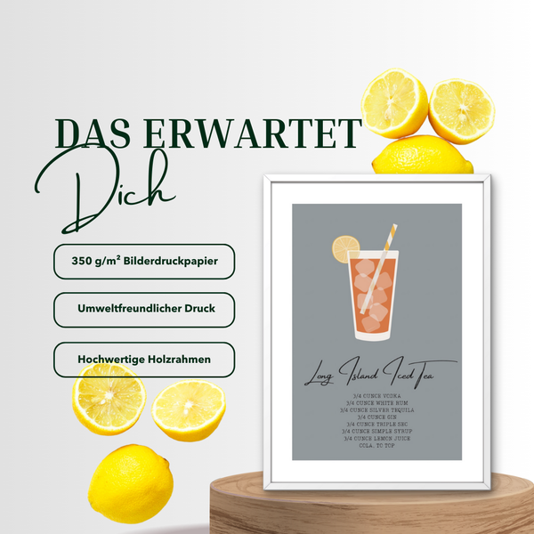 Long Island Iced Tea Poster – Cocktail Rezept Print auf 350 g/m² Bilderdruckpapier – Umweltfreundlicher Druck, Hochwertiger Holzrahmen – Moderne Bar- und Küchen-Deko, Geschenk für Cocktail-Fans