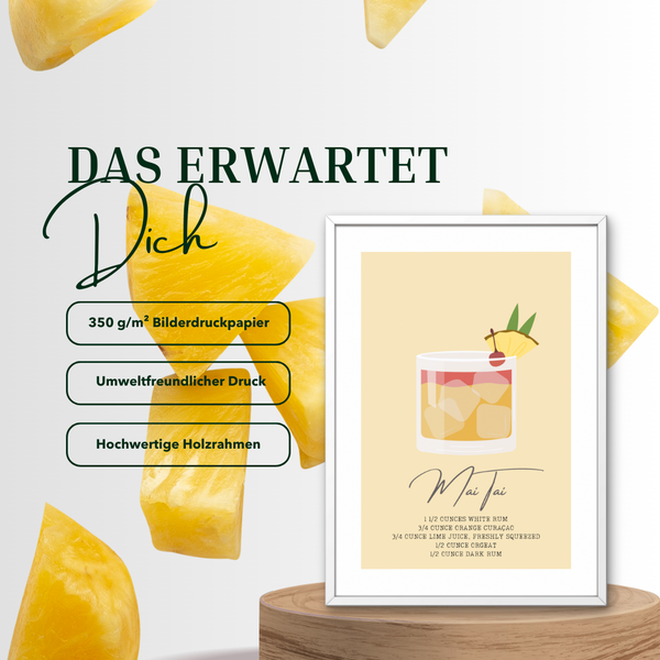 Mai Tai Poster – Cocktail Rezept Print auf 350 g/m² Bilderdruckpapier – Umweltfreundlicher Druck, Hochwertiger Holzrahmen – Moderne Bar- und Küchen-Deko, Geschenk für Tiki-Cocktail-Liebhaber