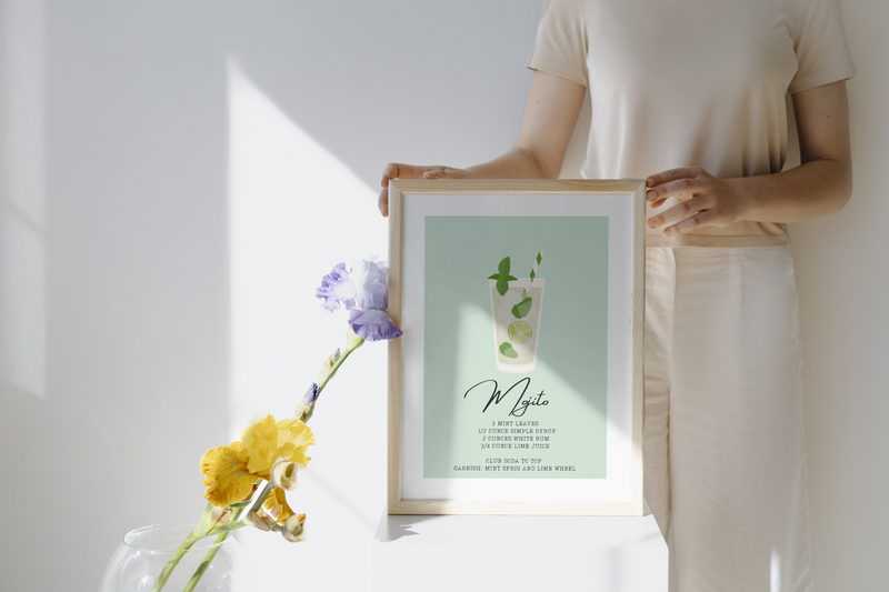 Mojito Poster – Cocktail Rezept Print auf 350 g/m² Bilderdruckpapier – Umweltfreundlicher Druck, Hochwertiger Holzrahmen – Moderne Bar- und Küchen-Deko, Geschenk für Mojito-Fans