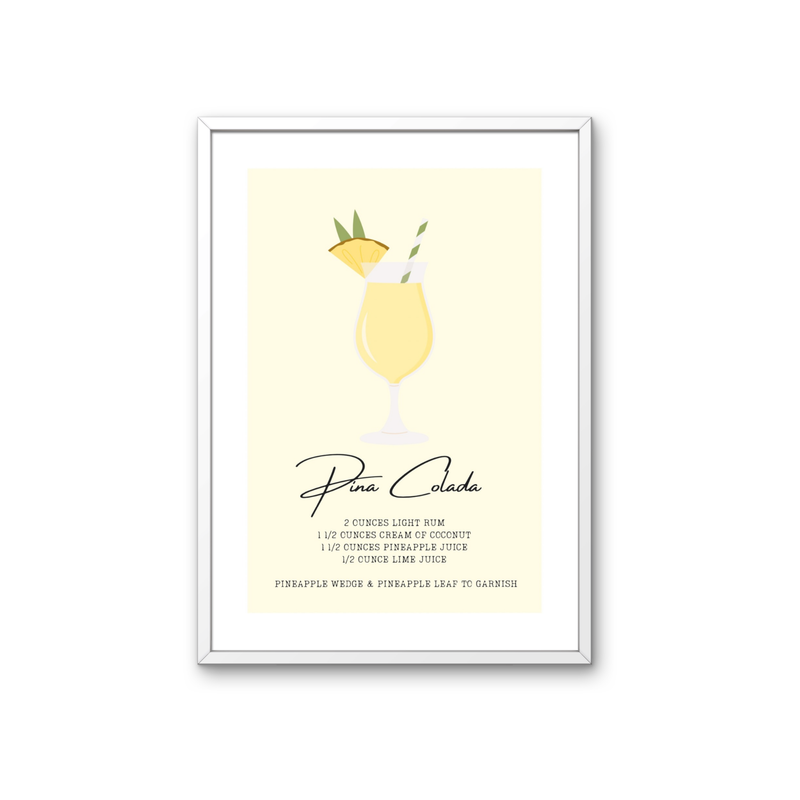 Pina Colada Poster – Cocktail Rezept Print auf 350 g/m² Bilderdruckpapier – Umweltfreundlicher Druck, Hochwertiger Holzrahmen – Moderne Bar- und Küchen-Deko, Geschenk für Pina Colada-Fans
